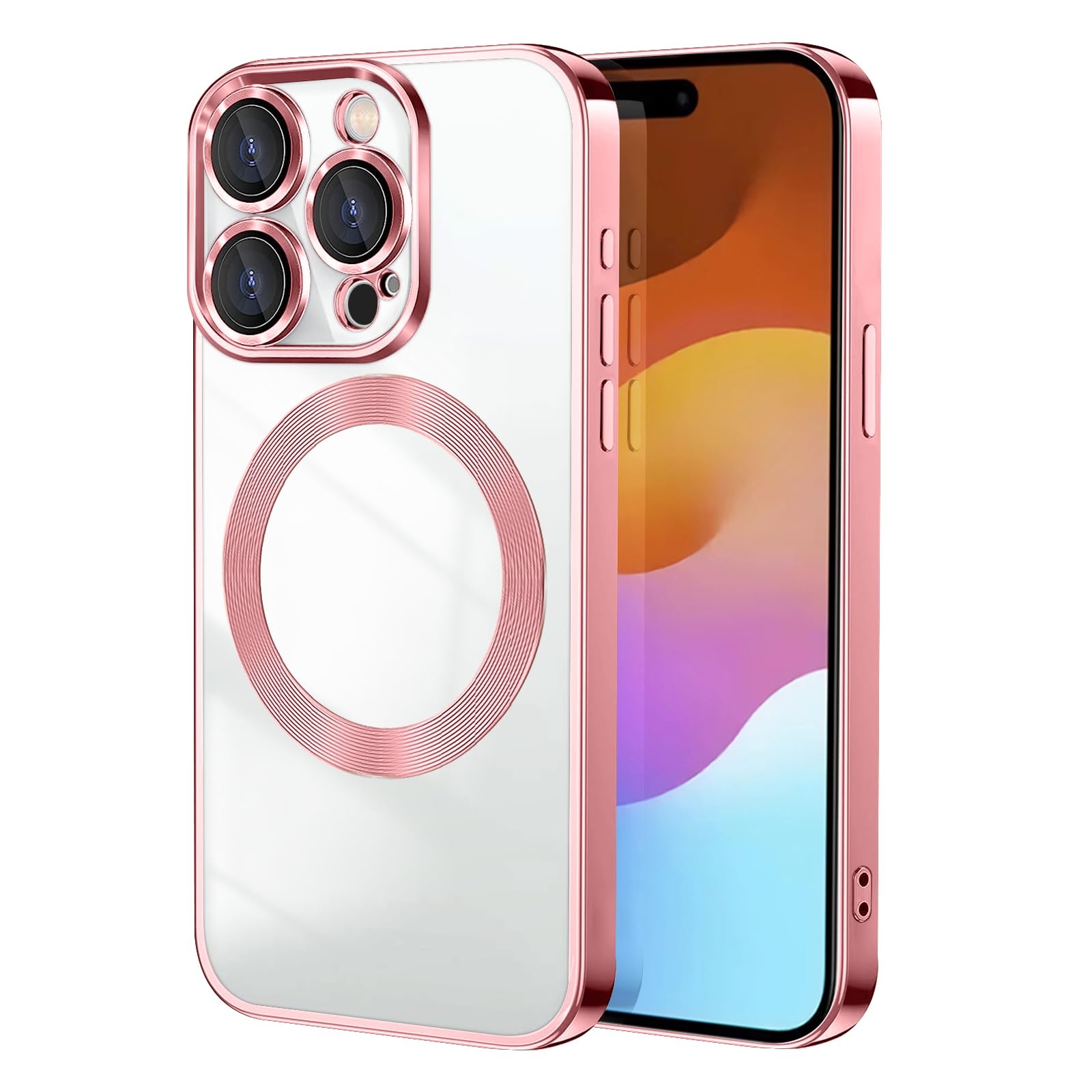 磁気リングスタンドiPhone 15 ProMax用半透明マットケースピンク